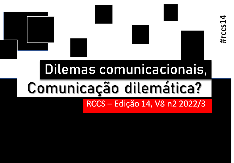 Imagem da capa da edição, com detalhes de quadrados em preto distribuídos de forma aleatória na parte superior e fundo branco, e na parte inferior o preto como fundo. No centro da imagem, consta o título da edição da revista Dilemas comunicacionais em uma caixa de texto de fundo preto, Comunicação dilemática abaixo em uma caixa de texto de fundo branco e mais abaixo e à direita, RCCS - EDIÇÃO 14, V8, N 2 2022, em caixa de texto menor e fundo vermelho.