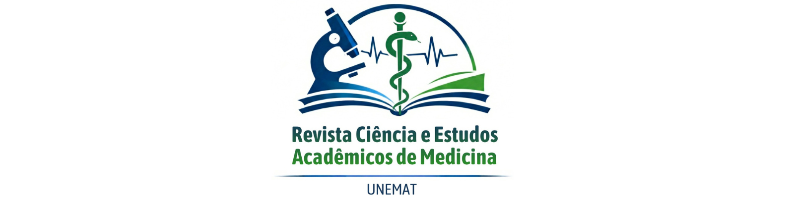 O logotipo da Revista Ciência e Estudos Acadêmicos de Medicina – UNEMAT representa a integração entre pesquisa científica, ensino acadêmico e prática médica. O microscópio simboliza a investigação científica; o livro aberto, a produção e a difusão do conhecimento; o bastão de Asclépio e o traçado de eletrocardiograma remetem à medicina, à saúde e ao cuidado clínico. As cores azul e verde expressam credibilidade científica, ética, saúde e compromisso institucional, reforçando o vínculo da revista com a Universidade do Estado de Mato Grosso (UNEMAT).